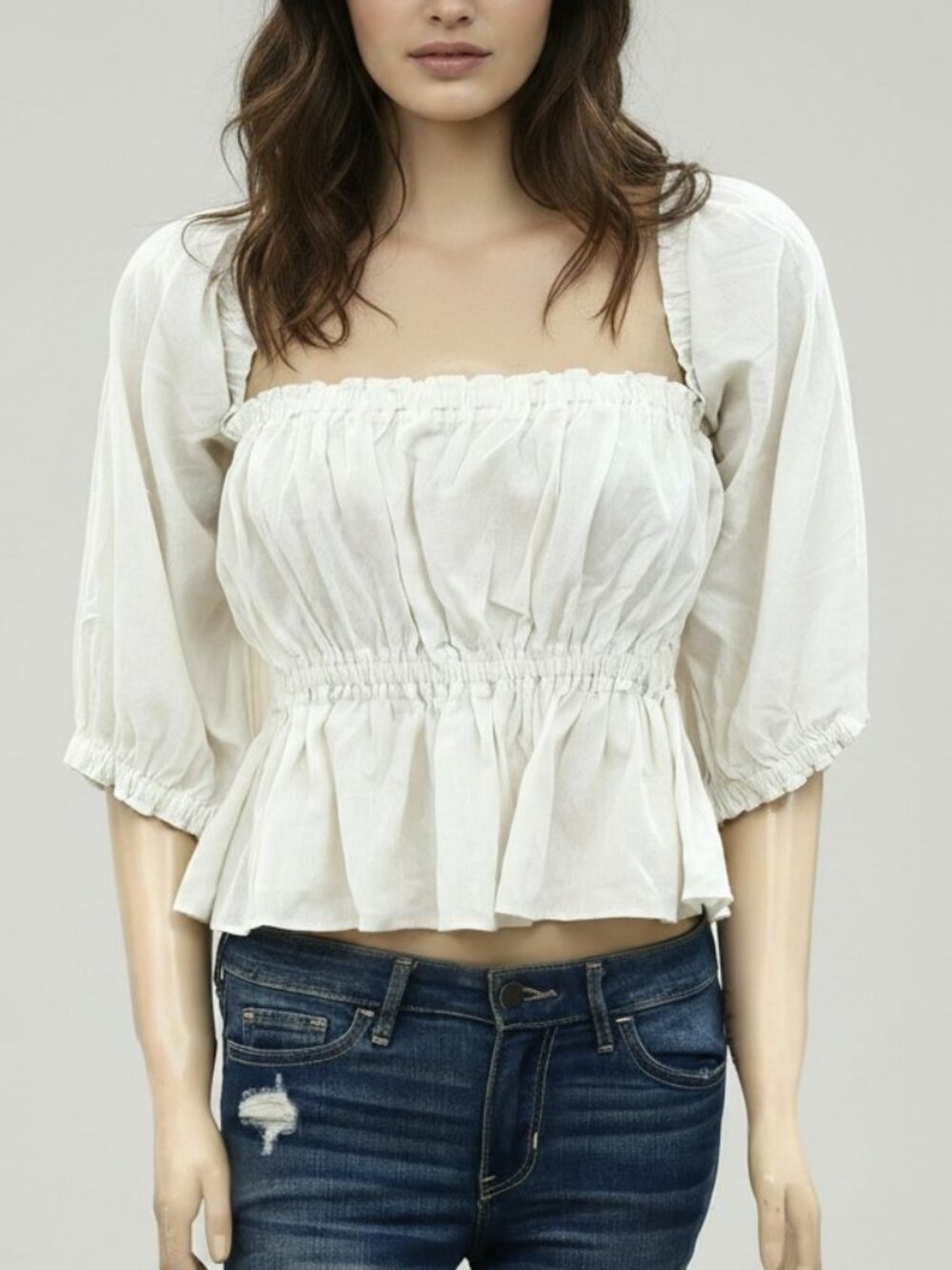Happy X Nature Kate Hudson Ruffle Smocked Cropped Cotton Blouse XL Ivory